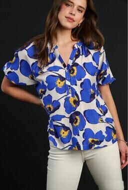 Umgee Womens M Blue White Floral Boxy Cut Short Sleeve Boho Blouse Top Light